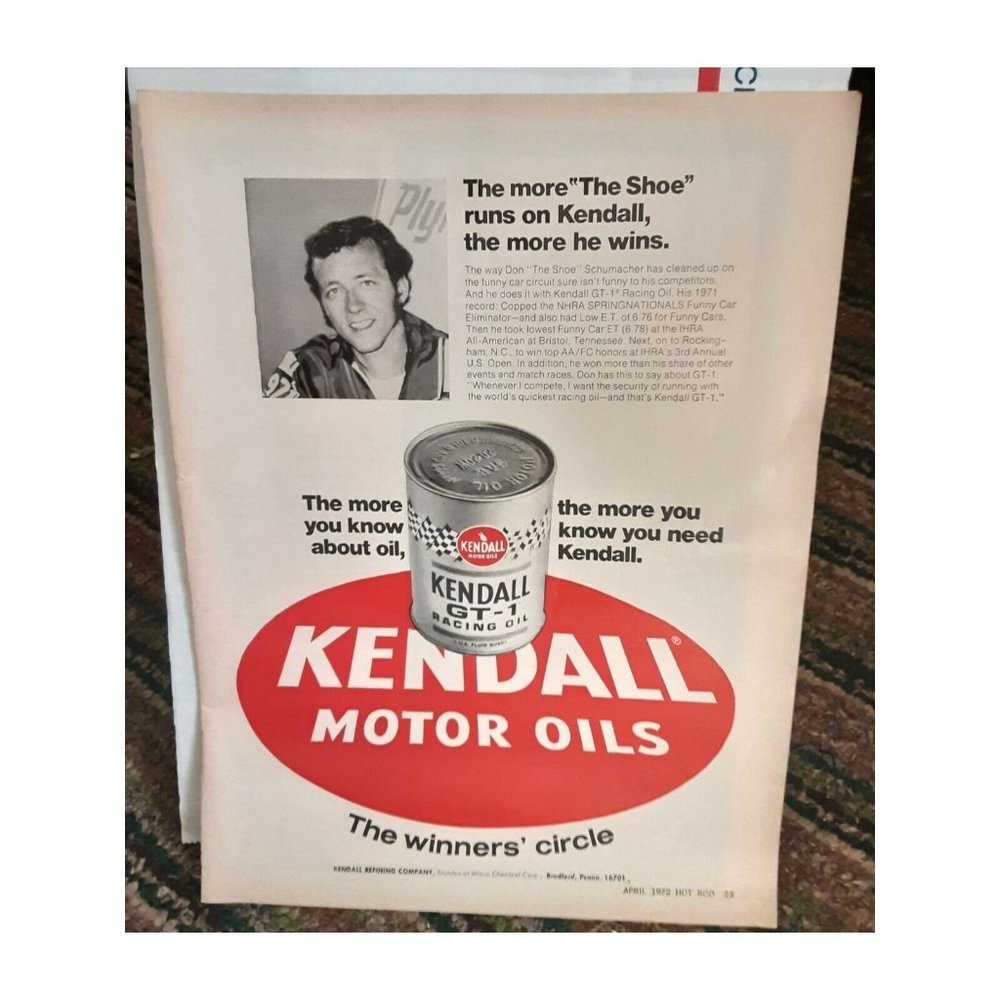 Kendall Motor Oil Don Schumacher 1972 Original Magazine Print Ad
